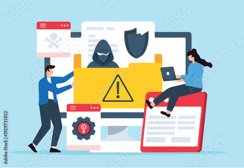 Flat illustration of two people handling data breach incident crisis management and recovering from attacks.