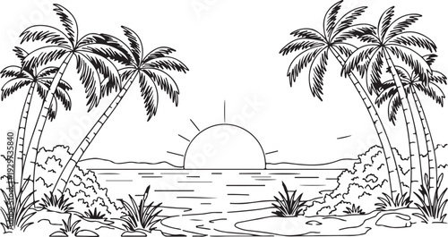 Black and white illustration of palm trees on a beach at sunset with ocean waves and tropical plants