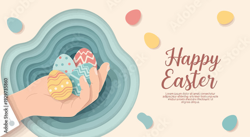Easter celebration with hand holding decorated eggs in papercut style