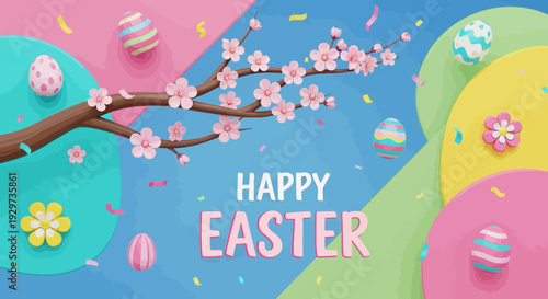 Colorful easter celebration with cherry blossoms and decorative eggs