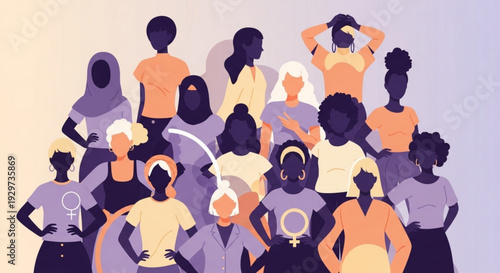 Diverse group of women in solidarity with feminist symbols and gestures on a gradient background