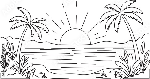 Tropical beach scene at sunrise with palm trees and ocean waves on a serene sandy shore with lush vegetation