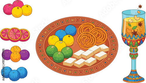 Colorful assortment of fruits candies and a decorative glass on a table grapes oranges grapefruit