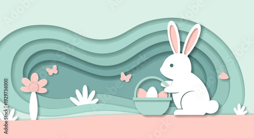 Cute easter bunny with egg basket in pastel paper art style