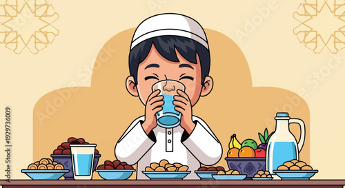 A young boy in a white Kufi and thobe drinks water from a glass during Ramadan, surrounded by Iftar food and dates