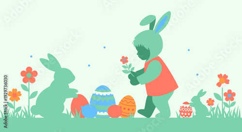 Whimsical easter scene with child and rabbits in pastel silhouette landscape