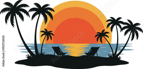 Beach scene with palm trees and sunset over ocean with two lounge chairs on sandy shore