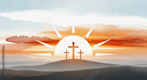 Sunrise over calvary: three crosses on a hill in watercolor landscape