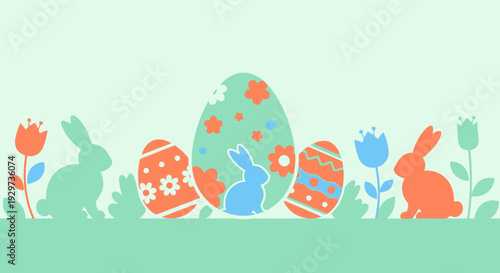 Pastel easter scene with decorative eggs and bunnies in silhouette style