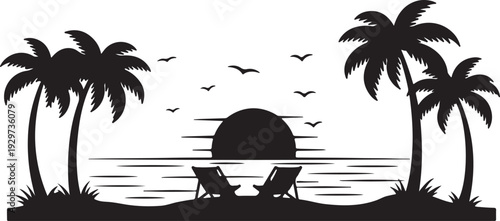Black silhouette of beach scene with palm trees and chairs at sunset with birds flying over water