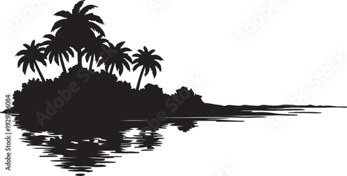 Serene tropical island with palm trees on calm water shore at sunset or sunrise with reflection