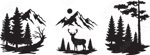 Black silhouette forest landscape scenes with mountains trees and a deer