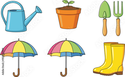 Colorful gardening tools and rain accessories including a watering can, flower pot, spade, fork, umbrellas, and yellow rain boots