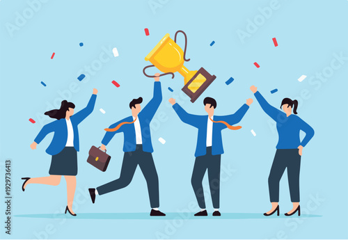  Flat illustration of joyful leader holding winning trophy and colleague team celebrate business success or victory with confetti career award work achievement.