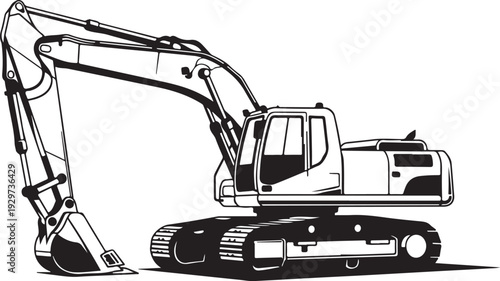 Industrial Excavator Vector – Black and White Minimal Construction Machine EPS