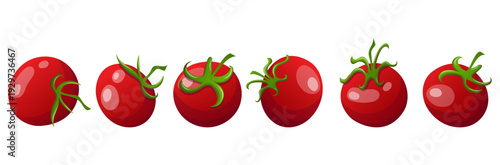 Red cherry tomatoes with green stems from different angles, fresh juicy vegetables for salads, menus, pizzas, packaging, culinary projects, and healthy eating design