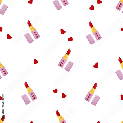 Vector lipsticks with red hearts in seamless pattern, perfect for March 8 packaging, cosmetics branding, wrapping paper, cards, stickers, feminine and romantic design