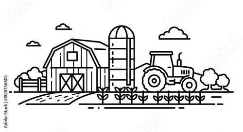 Line art illustration of a rural farm scene with a barn tractor and fields