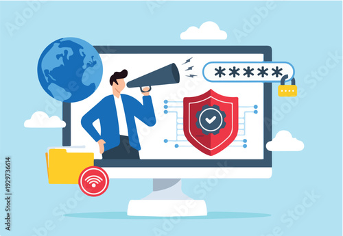 Flat illustration of man developing cybersecurity awareness campaigns and promoting security practices