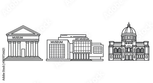Line art illustration of three distinct museum buildings with classical architectural styles