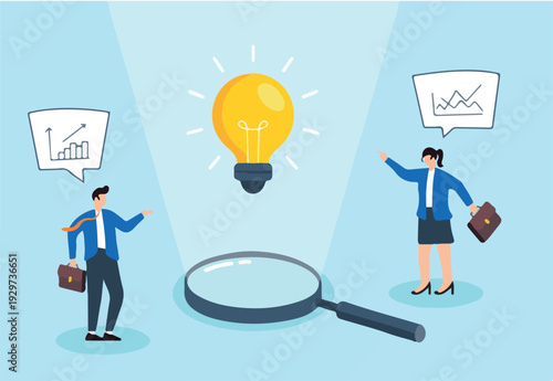 Flat illustration of business people discovering bright idea under magnifying glass spotlight teamwork innovation creativity and solution insight