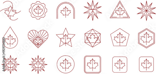 Canada Maple Leaf Outline Icon Set with Geometric Shapes, Badge Frames and Decorative Symbols for National Branding and Patriotic Design