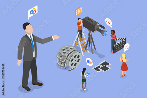 3D Isometric Flat Vector Illustration of Cinematography, Videography, And Video Graphics