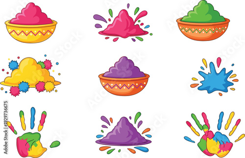 Colorful powders and handprints in bowls and splatters pink