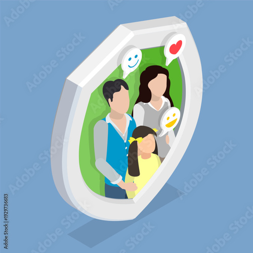 3D Isometric Flat Vector Illustration of Insurance And Protection, Shield With Family Inside