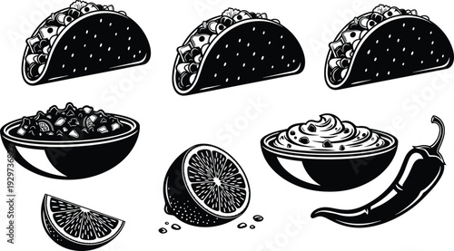Three black and white tacos with various food including a bowl of berries, sliced lime, orange slices, a bowl of cream, and a chili pepper