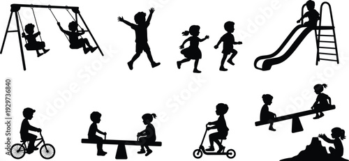 Children playground silhouette illustration, outdoor play, childhood activities, swing set, slide, seesaw, bicycle, scooter, sandbox, fun lifestyle artwork