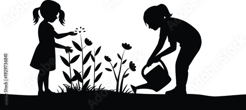 Children gardening silhouette, kids watering plants, nature care, outdoor activity, eco-friendly lifestyle, teamwork, nurturing flowers, environmental education, garden illustration, vector art