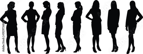 Businesswomen silhouettes, professional attire vector illustration, corporate female icons, office culture design, standing employees, diverse poses, workplace diversity concept