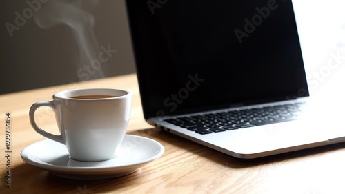 Espresso Coffee Cup Beside Laptop in Modern Executive Office