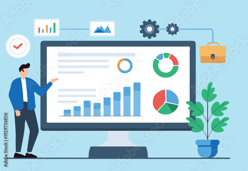 Flat illustration of analyst reviewing performance metrics on real-time project dashboard for efficiency