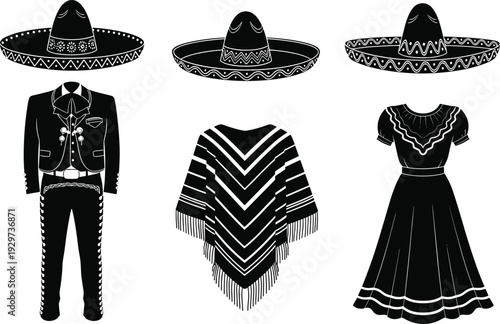 Traditional mexican outfits and accessories in black and white silhouette style