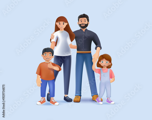 Parents standing with their children, 3D vector illustration. Mother, father and kids together. Happy family concept. Vector illustration. Mom dad son and daughter. Family portrait, Parents children
