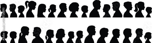 Diverse human profile silhouettes, multicultural people vector illustration, individuality concept, community diversity icons, black head shapes, hairstyle variation collection