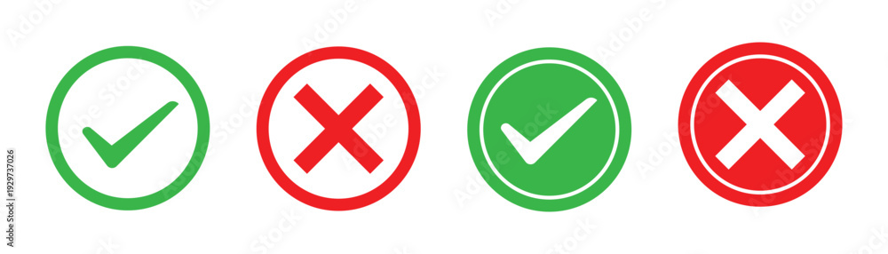 Obraz premium Green check mark and red cross icon set with approval and rejection symbols in circle shapes vector illustration