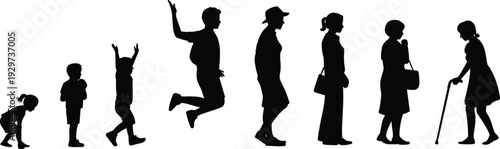 Human life stages silhouette, childhood to old age, growth progression, aging process, generational timeline, development illustration, lifestyle evolution, family concept