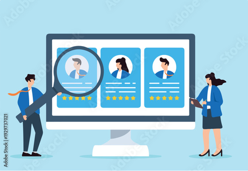 Recruiter reviewing candidate profiles through digital screen concept modern recruitment technology in hiring virtual employee evaluation online screening.