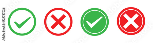 Green check mark and red cross icon set with approval and rejection symbols in circle shapes vector illustration
