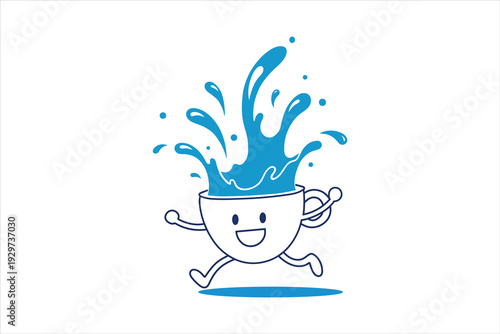 Cartoon teacup character running with splashing blue water flat illustration isolated on white background