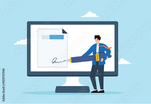 Flat illustration of businessman signing digital signature on computer completing electronic agreement.