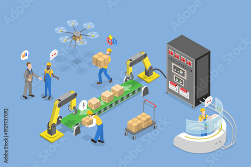3D Isometric Flat Vector Illustration of Efficient Production Line, Workers In A Productive Factory With Assembly Lines.