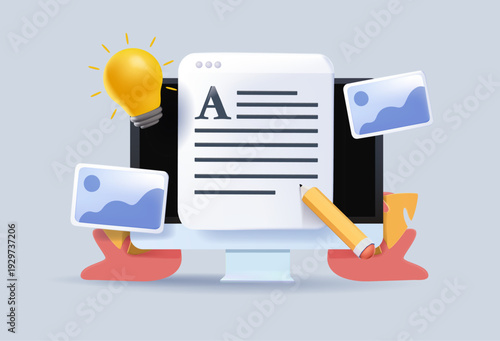 Content writing and blogging concept with desktop computer displaying document and image thumbnails for creative digital marketing. 3D vector illustration. Blogging, copywriting digital marketing
