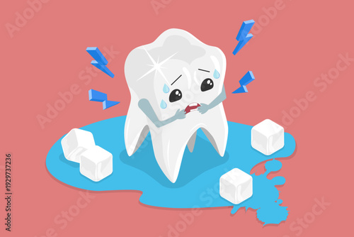 3D Isometric Flat Vector Illustration of Tooth Cold Sensitivity, Dental Pain With Melting Ice Cubes