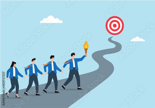  Flat illustration of business leader guiding team on winding road with torch toward strategic goal