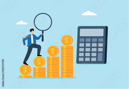 Flat illustration of businessman climbing staircase of gold coins toward calculator while holding magnifier to represent financial control and budget planning