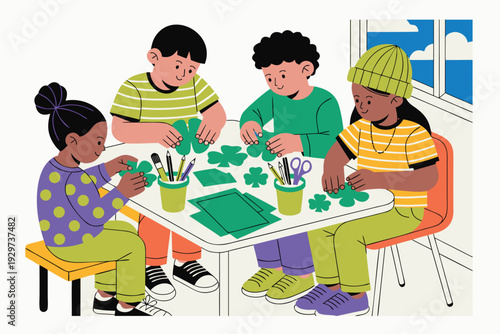 Kids cutting and assembling green clovers with paper